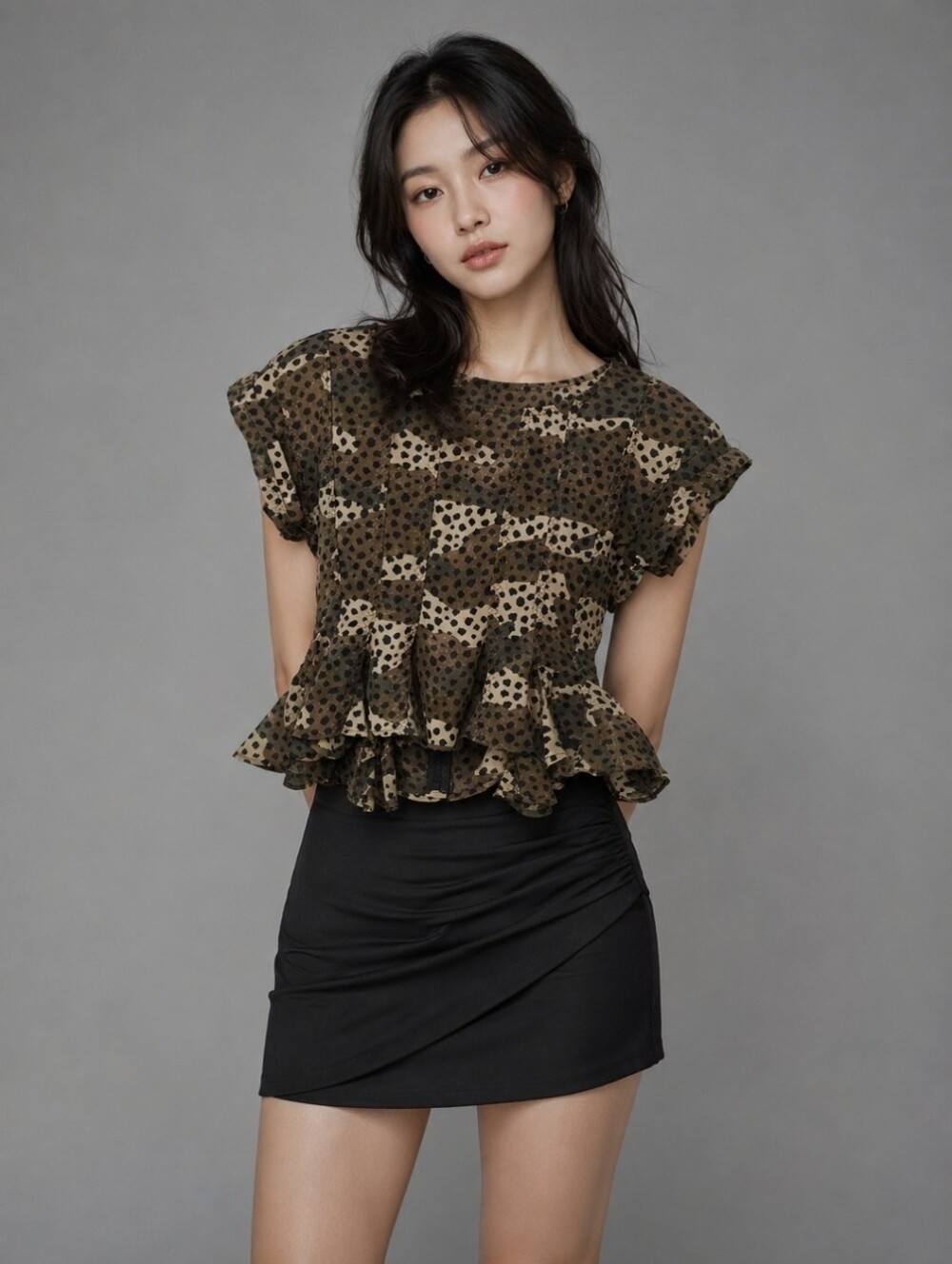 Carine Roitfield Uniqlo Ruffled Short-Sleeve Peplum Top in Olive Camo Size S